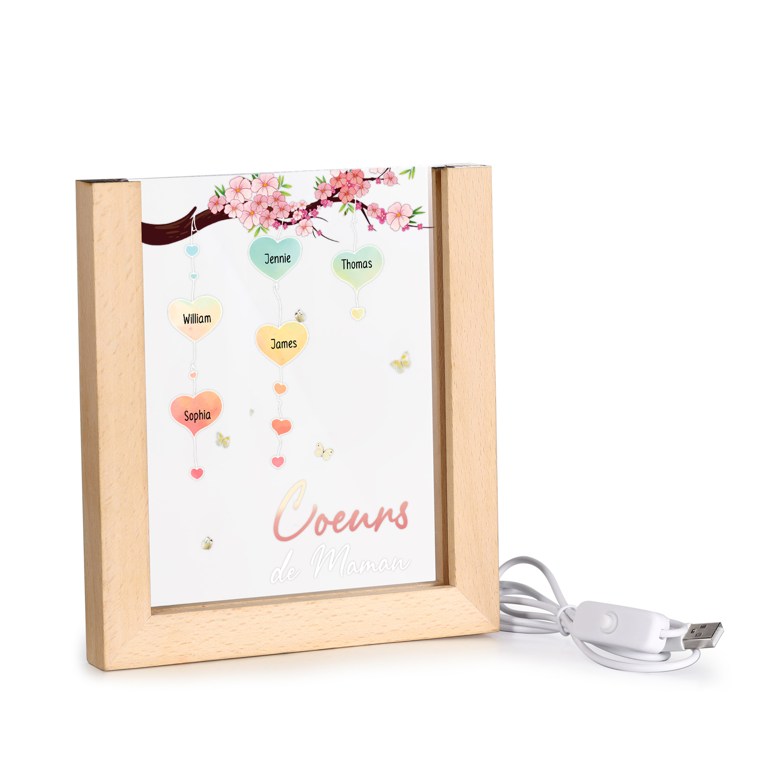 À Maman/Mamie - Lampe de chevet LED Arbre 5 Prénoms Personnalisés avec 1 Texte