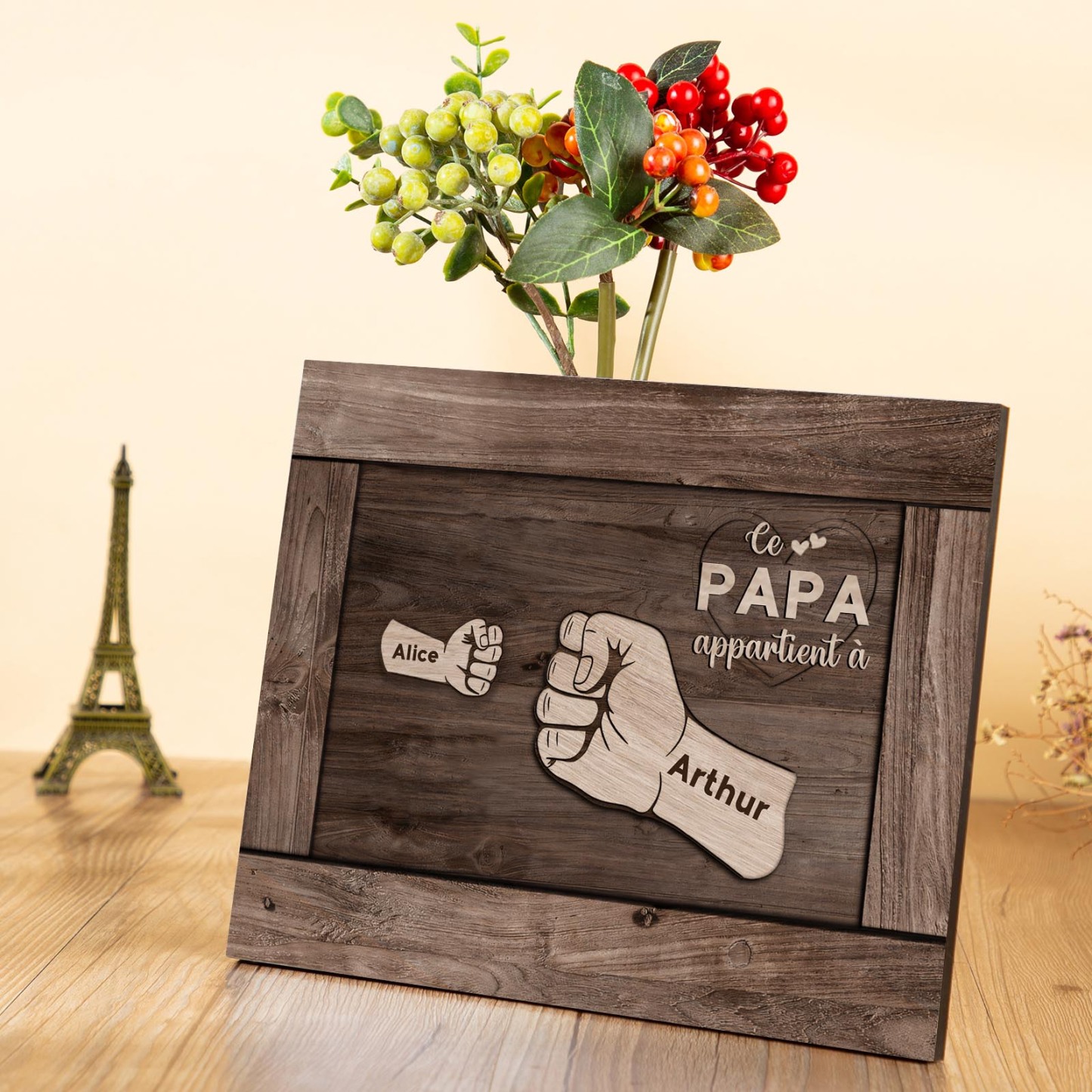 À Mon Papa/Papy-Cadre Imprimé en Bois Poings 2 Prénoms Personnalisés avec Texte