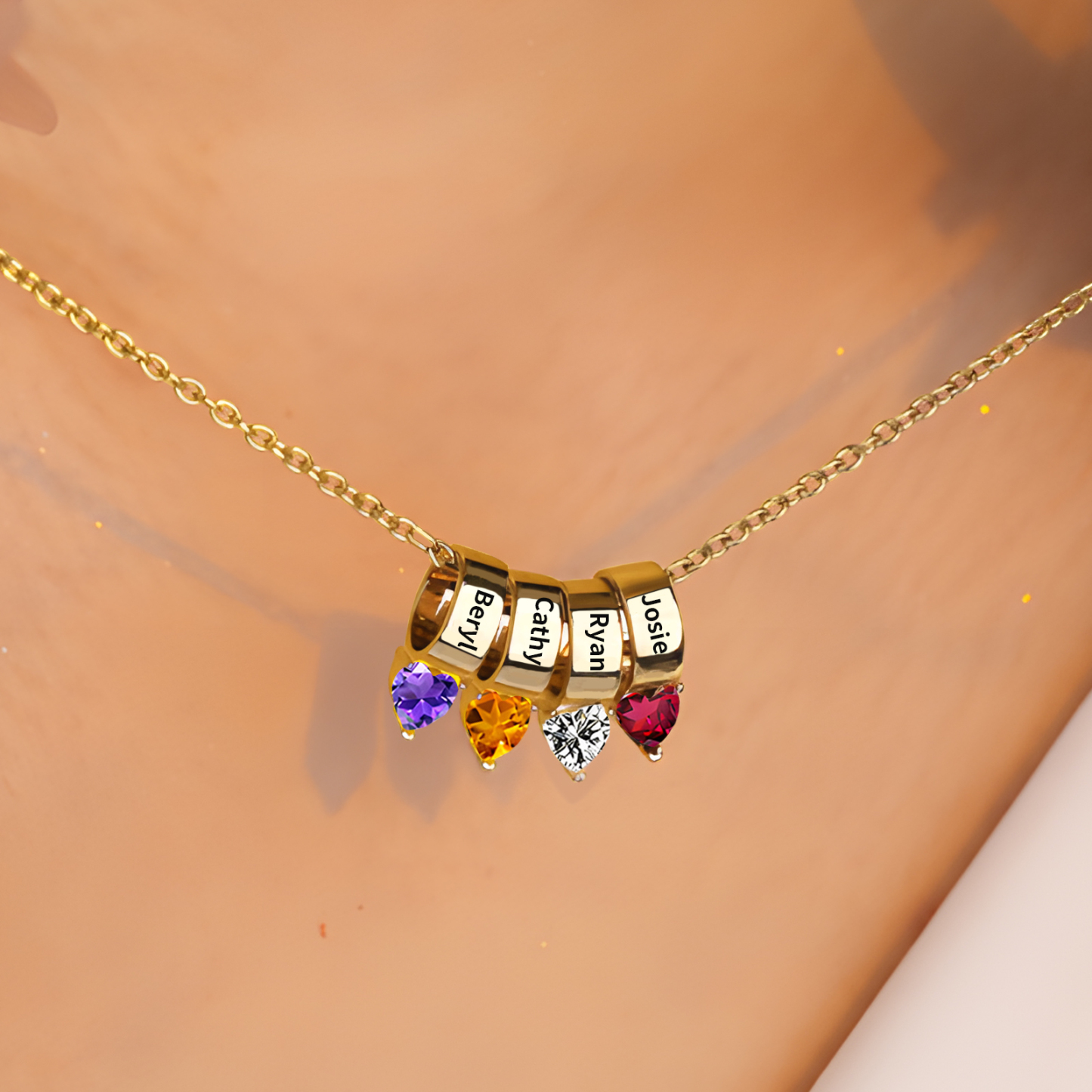 Collier Pendentif Cœur 4 Prénoms et Pierres de Naissance Personnalisés Collier Femmes