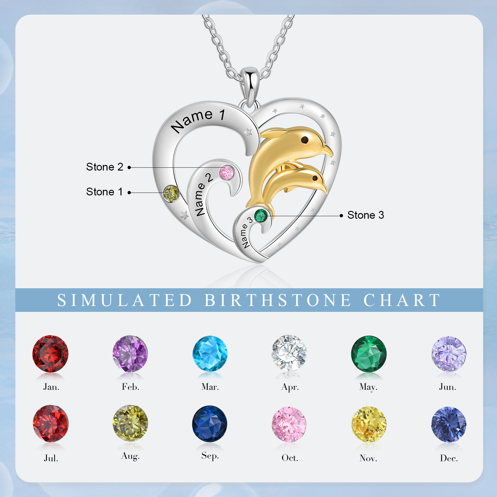 Collier Coeur et Dauphin Pendentif 3 Prénoms Personnalisés avec 3 Pierres de Naissance|Jessemade