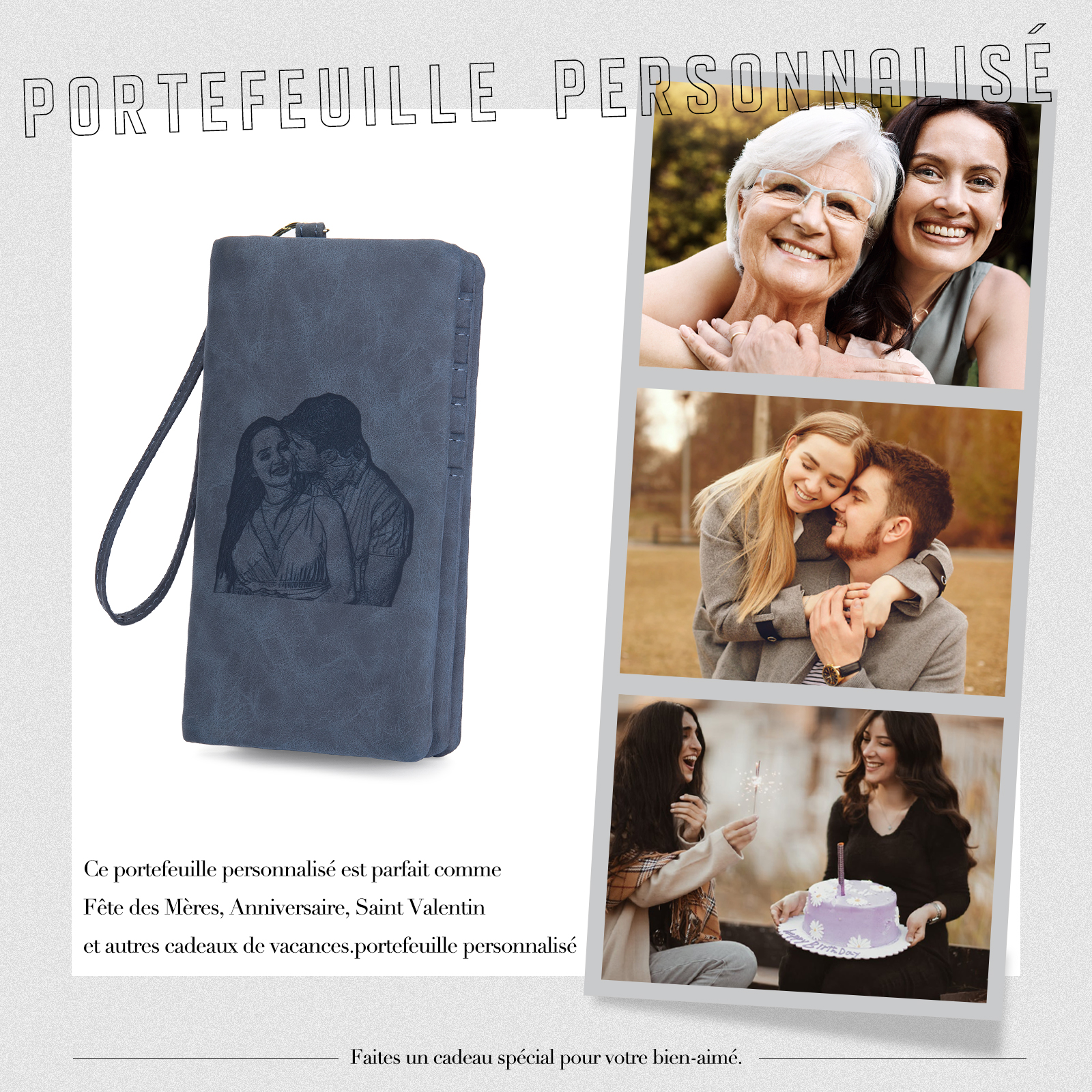 Portefeuille long en cuir PU 1 Prénom personnalisé avec photos et texte et 2 lettre 