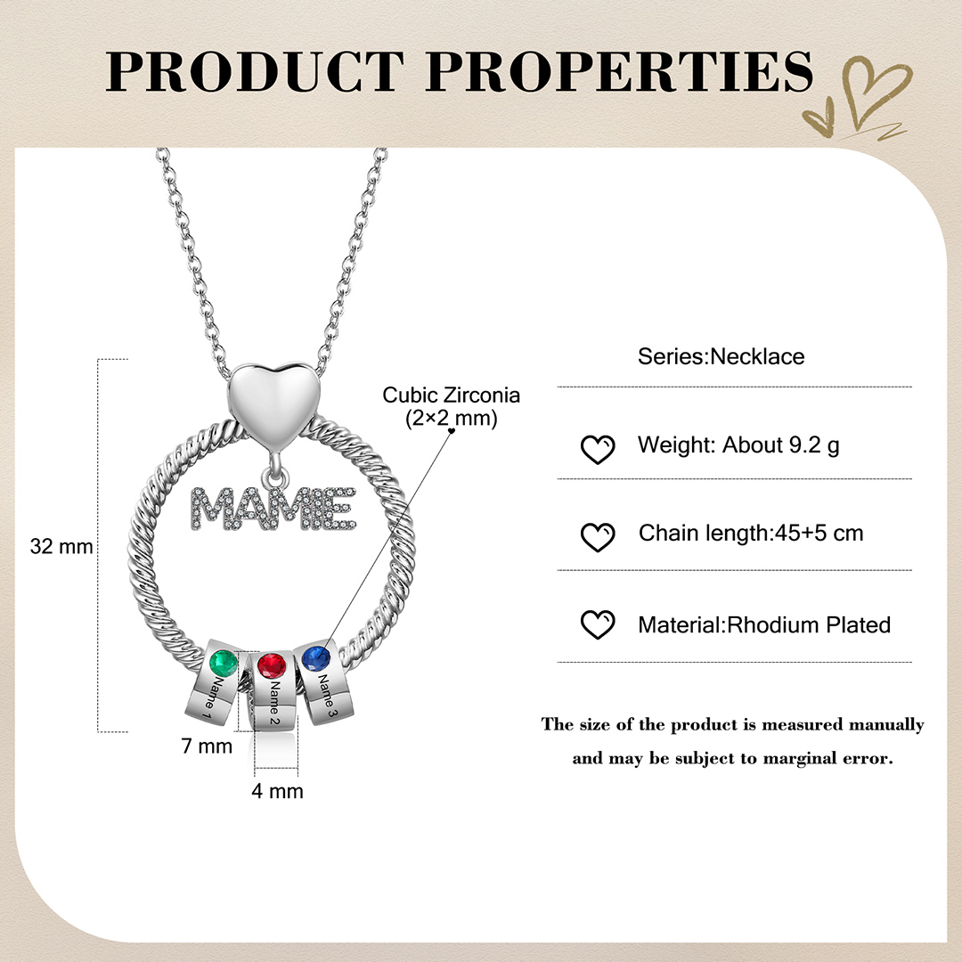 À ma Mamie - Collier Personnalisé Pendentif 3 Prénoms et Pierre de naissance Or/Argent｜Jessemade