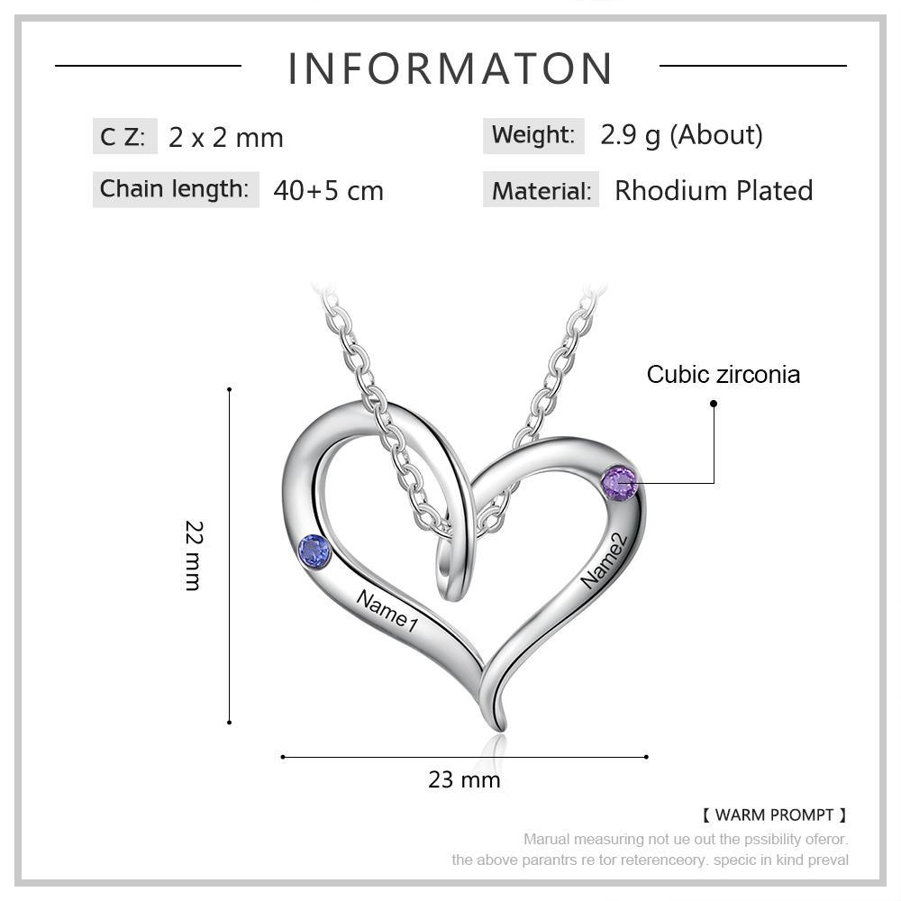 Collier Cœur 2 Prénom Personnalisé Pendentif avec 2 Pierres de Naissance