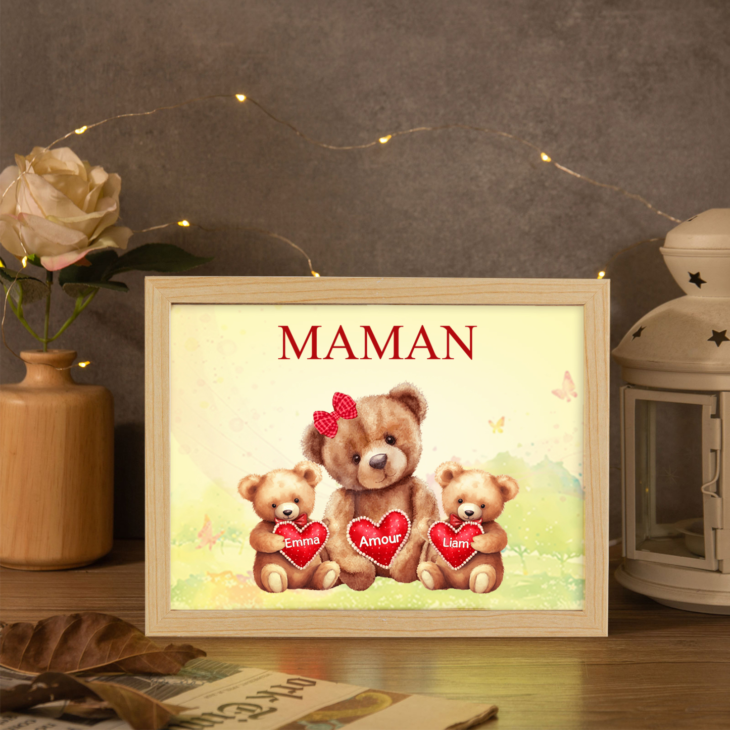 Cadre Photo LED Ours 2 Prénoms Personnalisés avec 1 Texte Décoration Famille