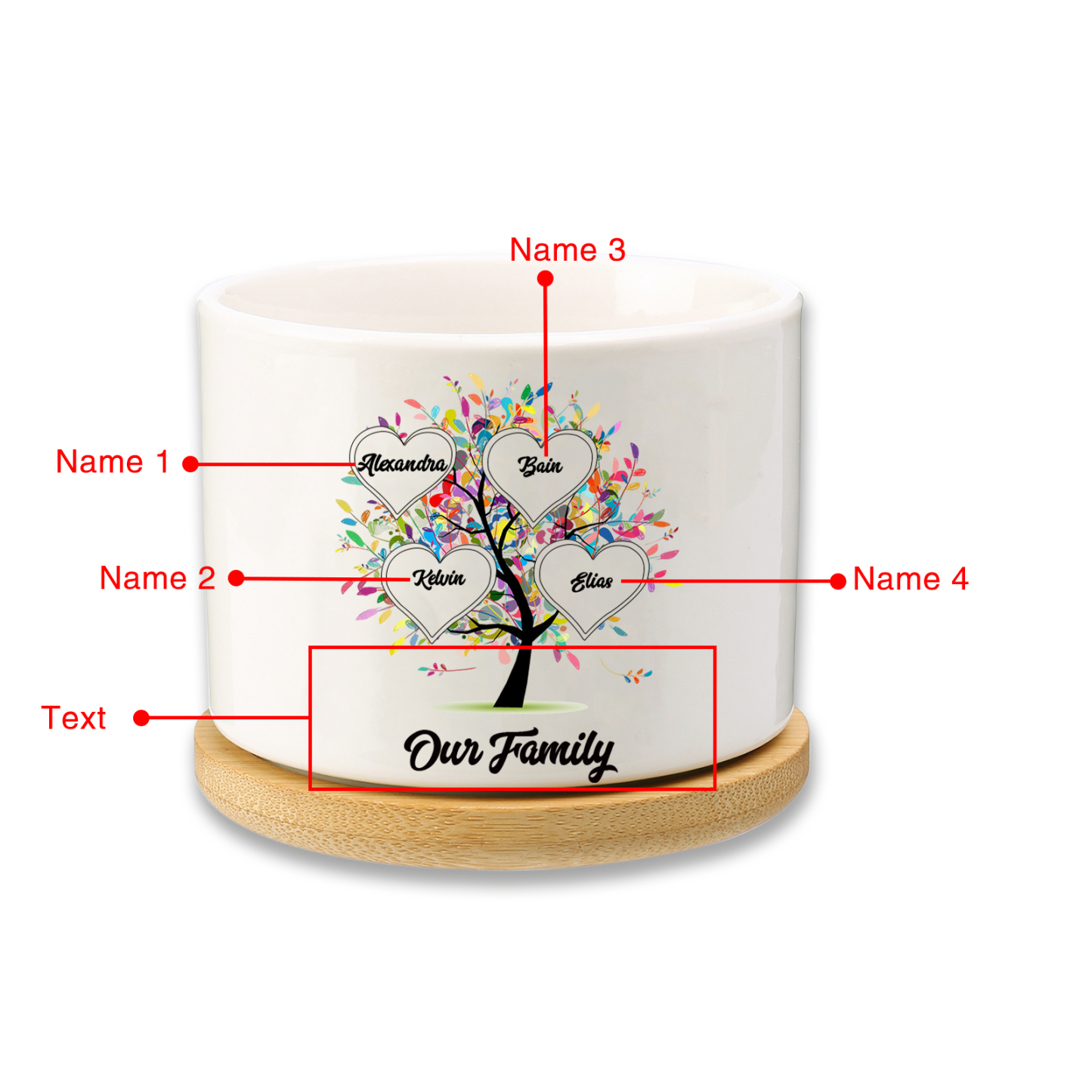Vase/Pot de Fleurs Arbre 4 Prénoms Personnalisés avec Texte Décoration de la Maison (sans plantes)