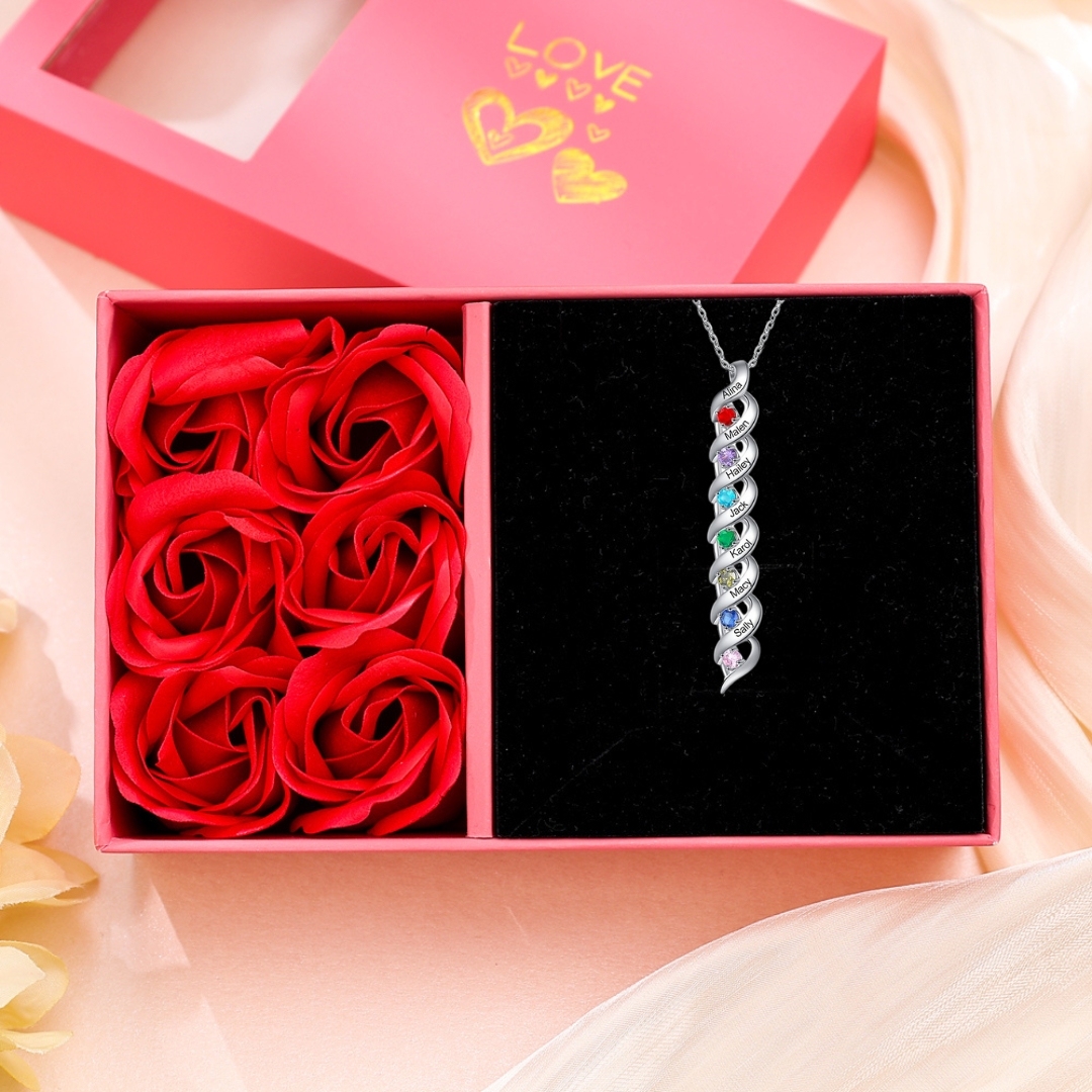 Collier ADN Personnalisé avec 1 à 10 Prénoms et Pierres de Naissance – Cadeau pour la Famille et les Proches
