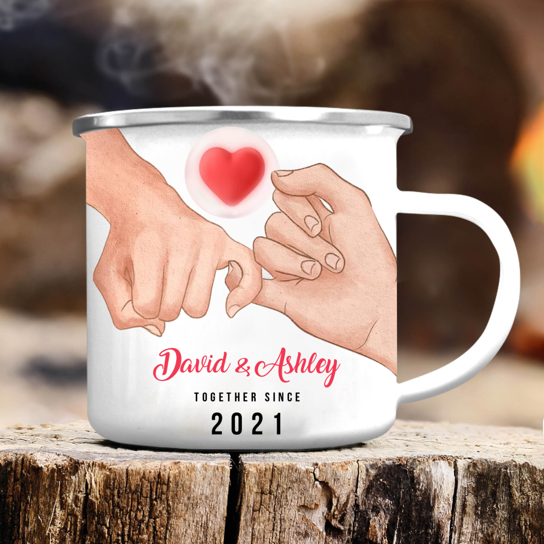 Tasse émaillée 2 Prénoms Personnalisés avec Texte et Année pour Couple promesse du petit doigt