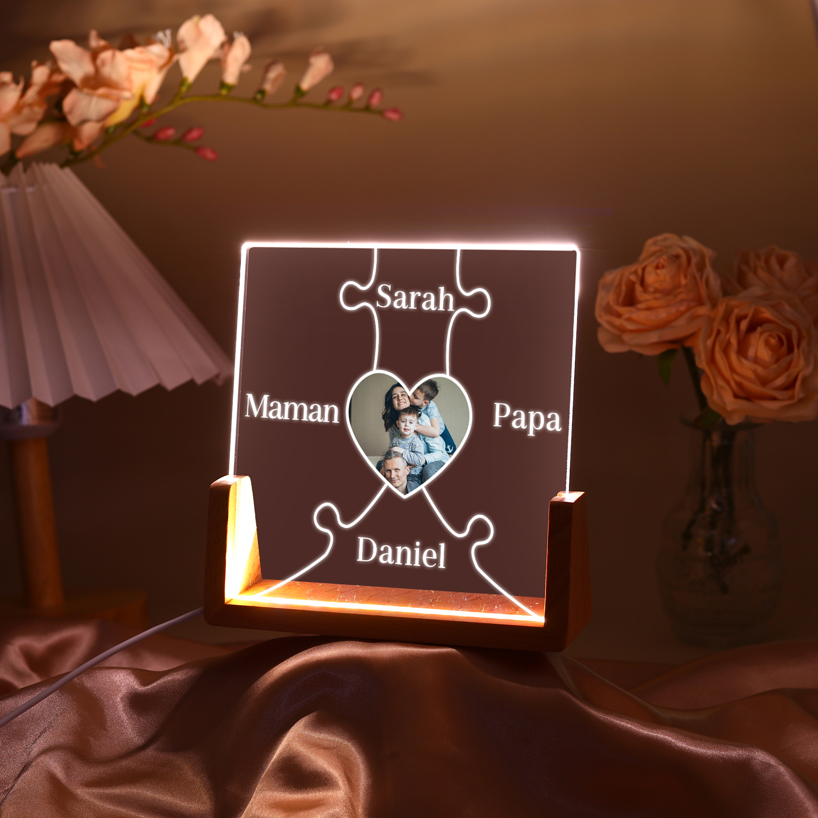 Lampe de chevet LED Puzzles 4 Prénoms Personnalisés avec Photo pour Famille