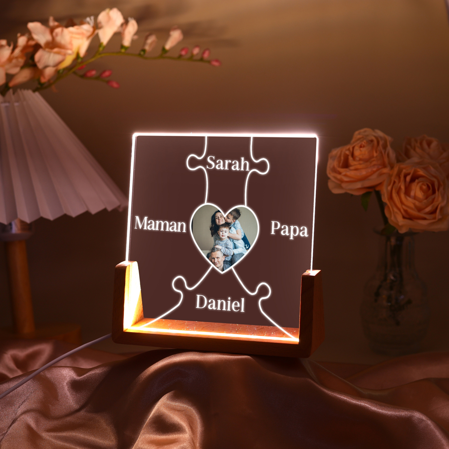 Lampe de chevet LED Puzzles 4 Prénoms Personnalisés avec Photo pour Famille