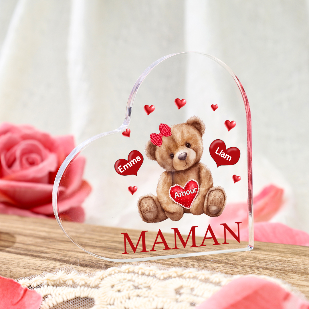 À ma Maman/Mamie - Plaque Acrylique Ours en Forme de Cœur 2 Prénoms Personnalisés avec 1 Texte
