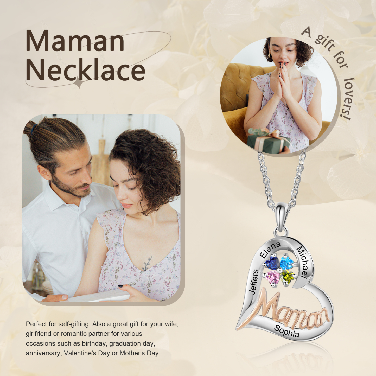 À Ma Maman-Collier Personnalisé Cœur avec 4 Prénoms et 4 Pierres de Naissance|Jessemade