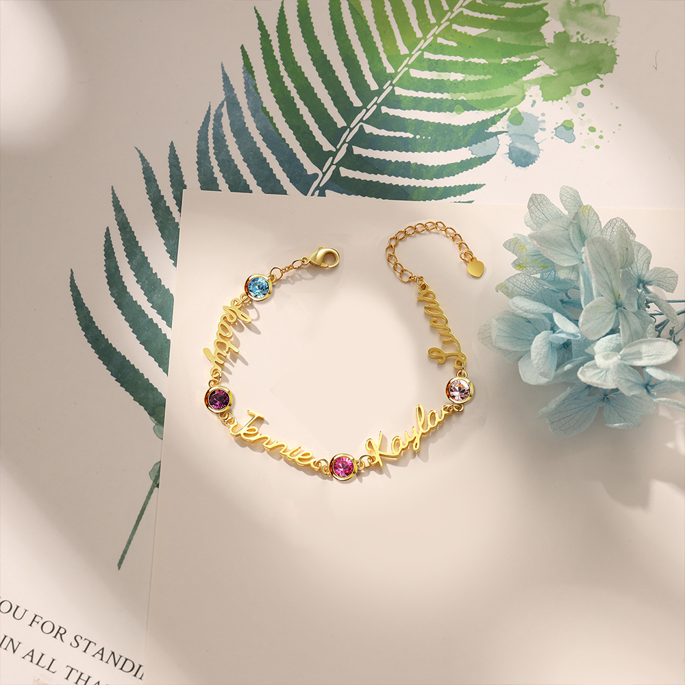 Bracelet Breloque 4 Prénoms Personnalisés avec 4 Pierre de Naissance pour Femmes