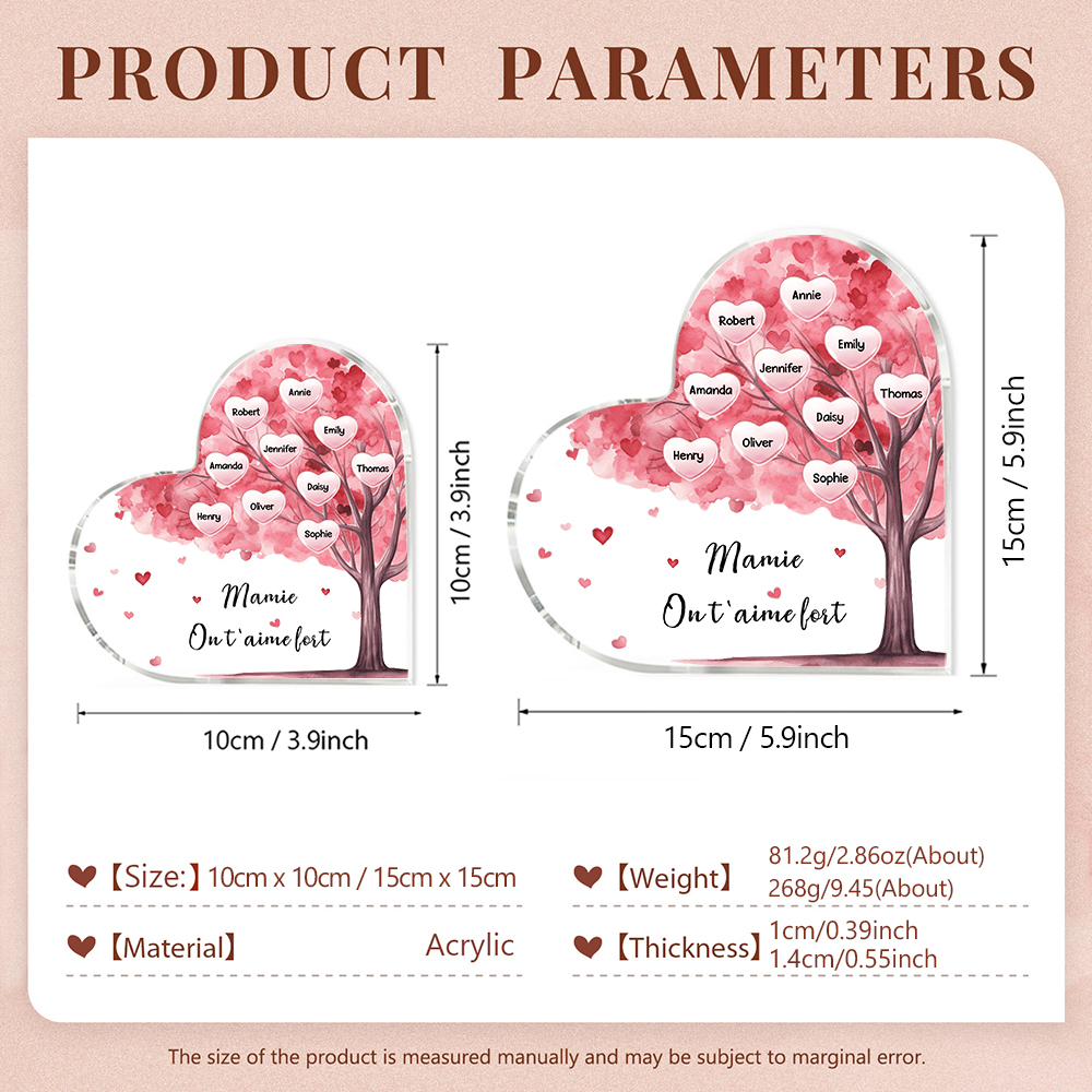 À ma Maman/Mamie - Plaque Acrylique Arbre en Forme de Cœur 10 Prénoms Personnalisés avec 1 Texte
