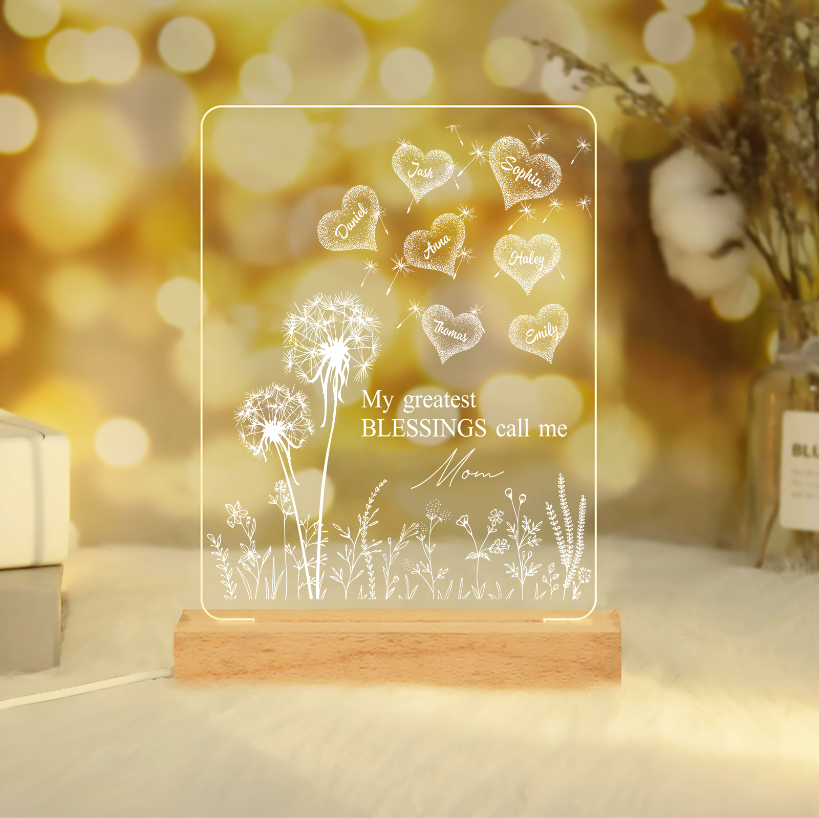 À Maman/Mamie - Lampe de chevet LED Pissenlit 7 Prénoms Personnalisés avec 2 Textes pour Famille