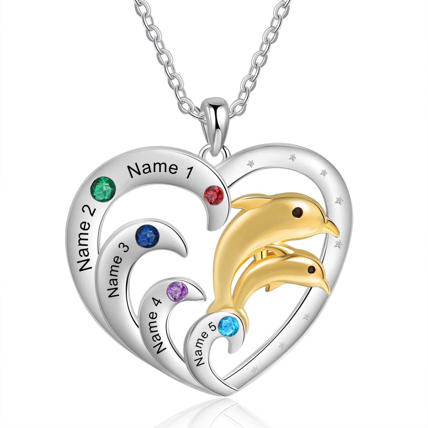 Collier Pendentif Cœur et Dauphin 5 Prénoms Personnalisés avec 4 Pierres de Naissance