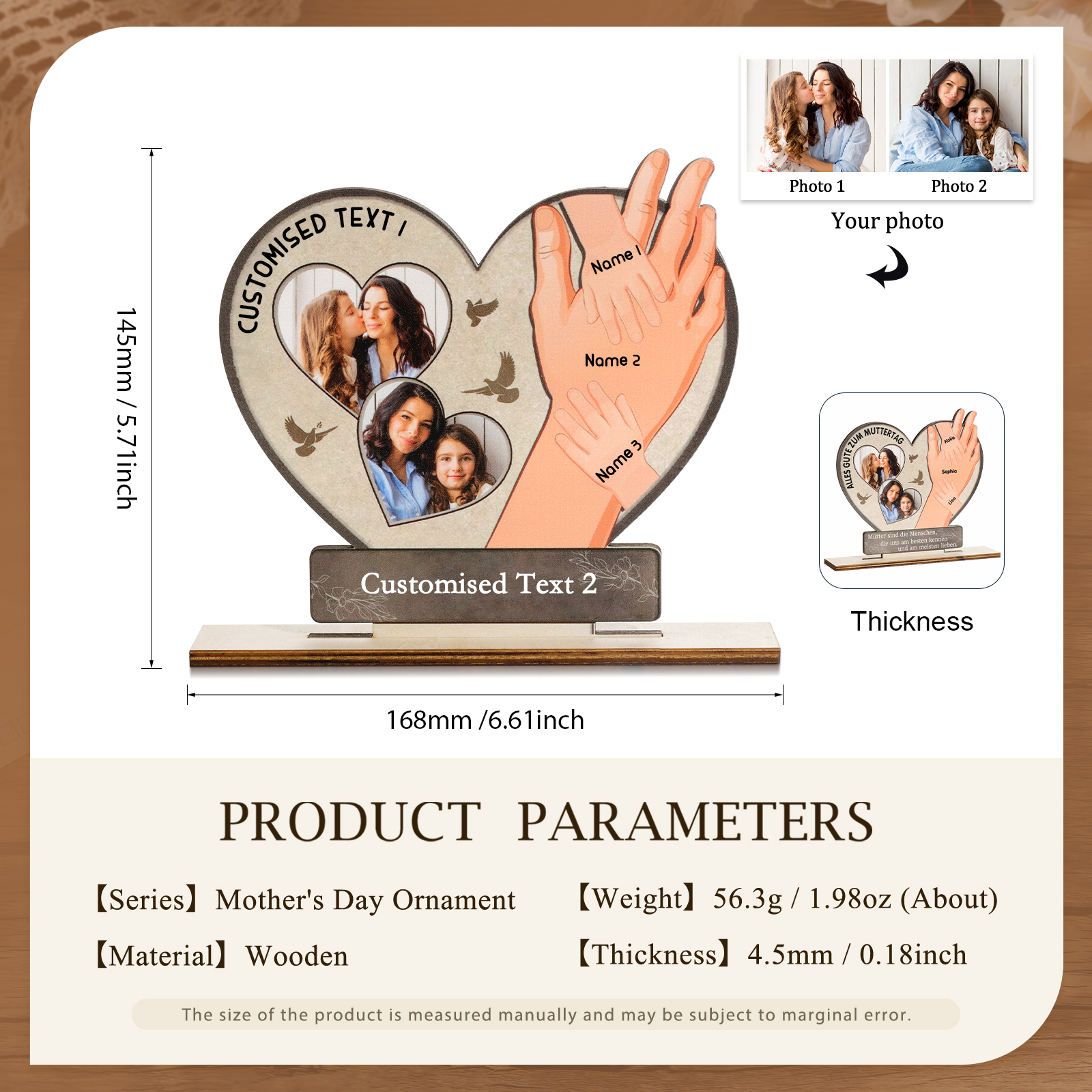 Décoration en bois 2 Textes et 2 Photos Personnalisés Ornement pour Maman