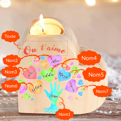 Bougeoir en Bois 7 Prénoms Personnalisés avec Texte sans bougie pour Famille