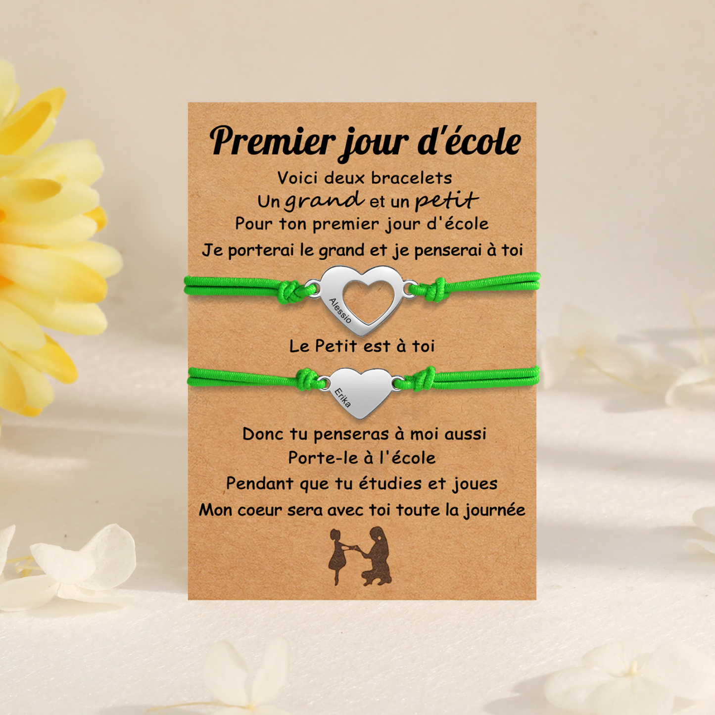 2PCS Bracelets Cœur 2 Prénoms Personnalisés Bracelet en Commun corde élastiques Cadeau Rentrée Scolaire Premier jour d’école|Jessemade