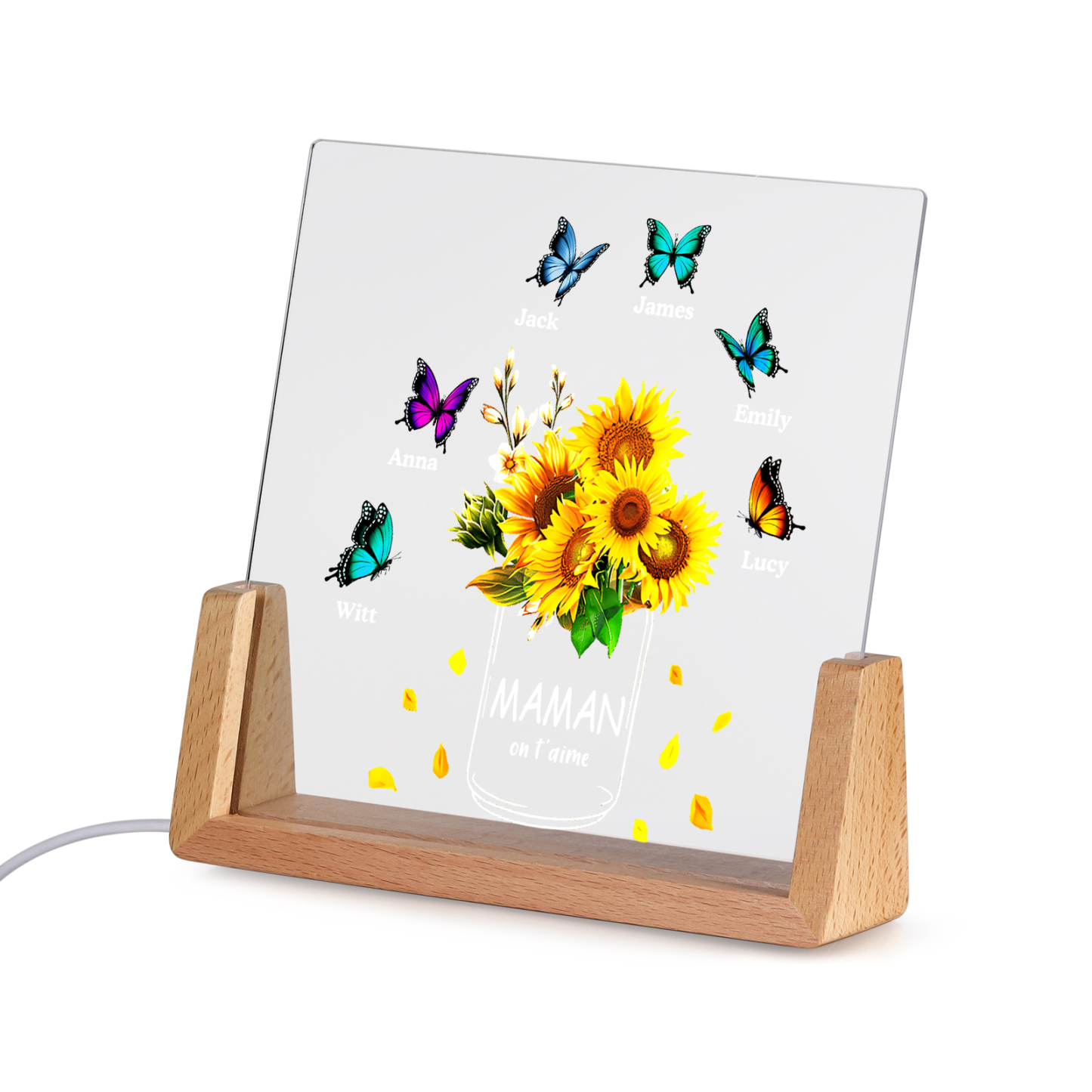 À Maman/Mamie - Lampe de chevet LED Tournesol 6 Prénoms Personnalisés avec 2 Textes pour Famille