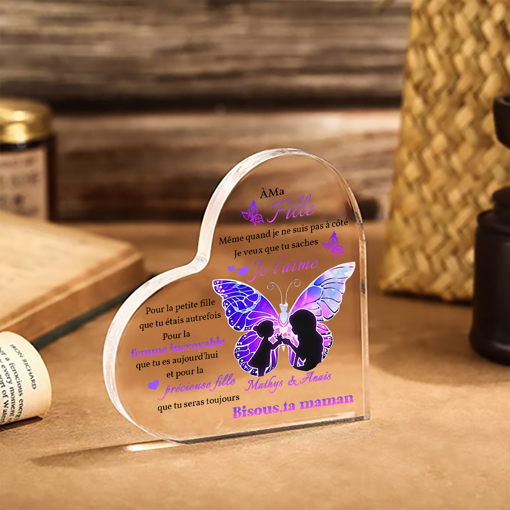 À ma Fille - Plaque Acrylique Papillon en Forme de Cœur 2 Prénoms Personnalisés Maman et Fille