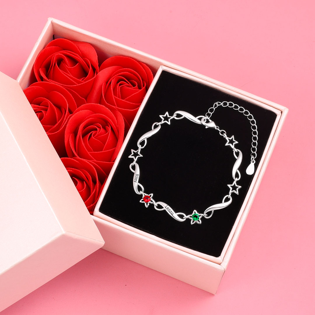 Bracelet infini à Breloque 2 Prénom Personnalisé avec 2 Pierre de Naissance