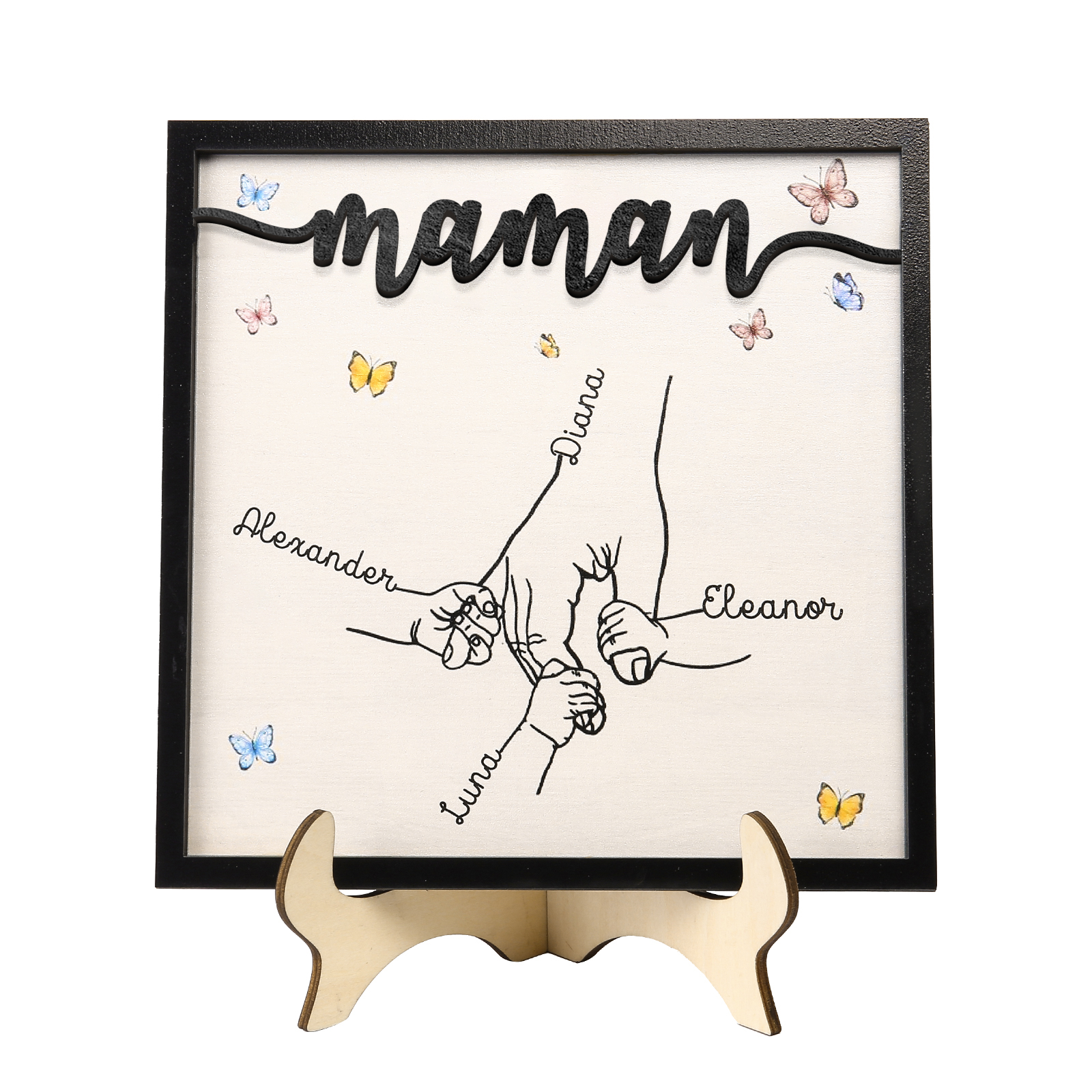À ma Maman - Décoration en bois la Main dans la Main 4 Prénoms Personnalisés Ornement Famille