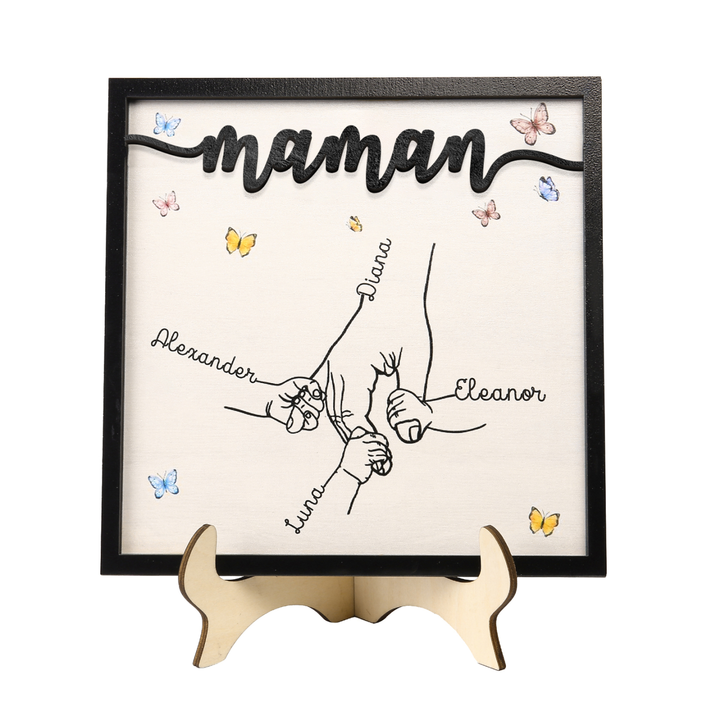 À ma Maman - Décoration en bois la Main dans la Main 4 Prénoms Personnalisés Ornement Famille