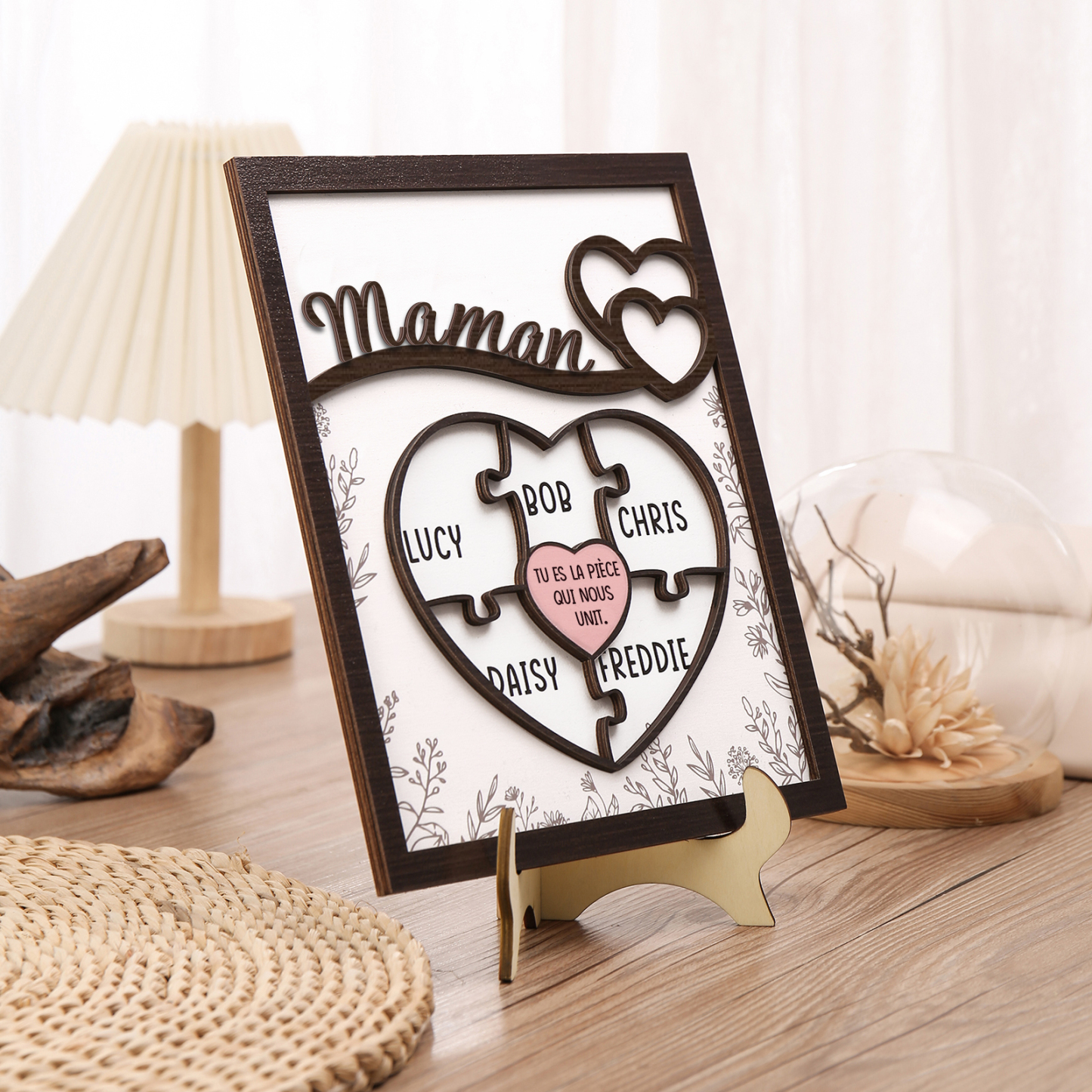 À ma Maman - Décoration en bois Cœur et Puzzle 5 Prénoms Personnalisés Ornement pour Famille