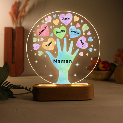 À Maman/Mamie - Lampe de chevet LED Lumières Cœur 6 Prénoms Personnalisés avec 1 Texte pour Famille
