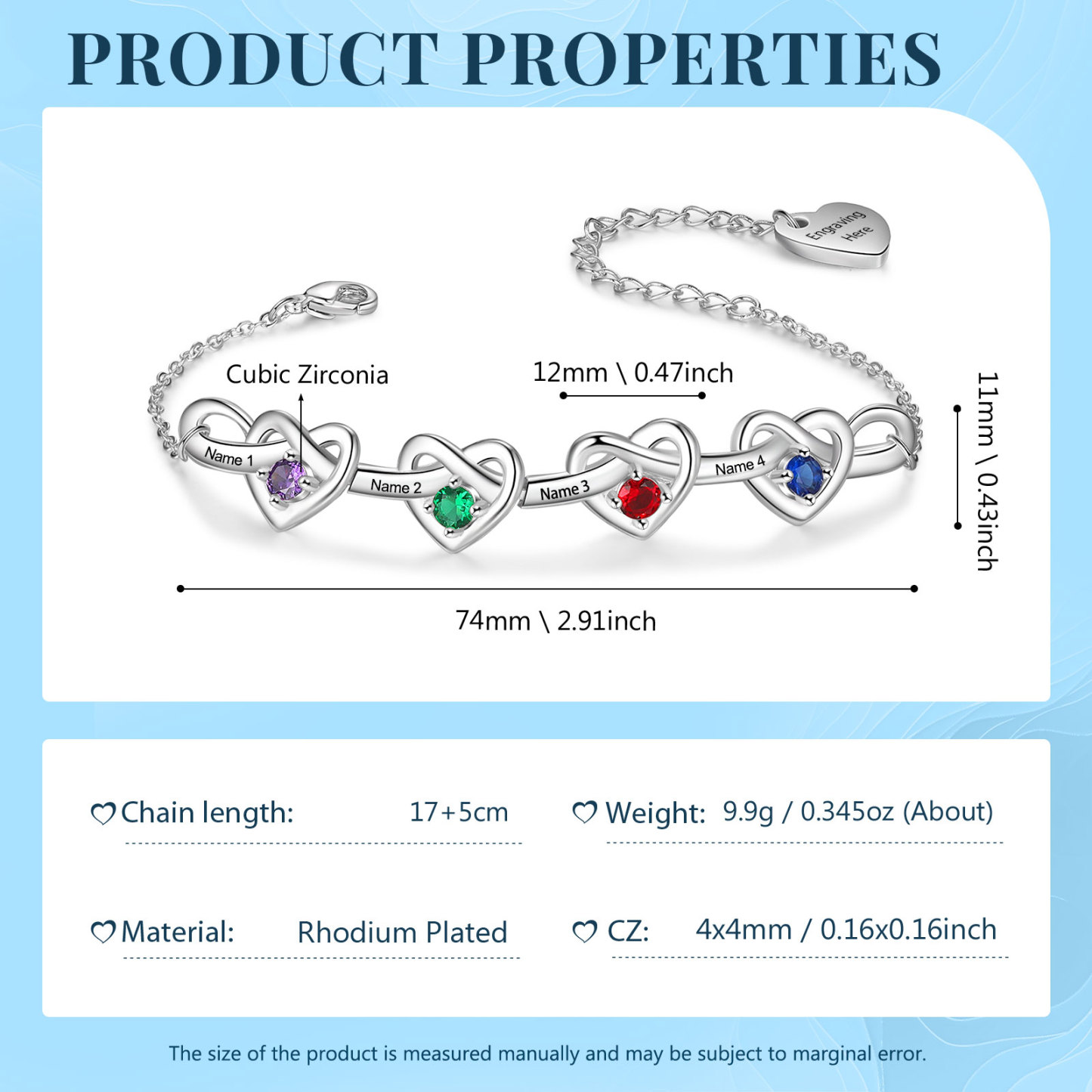 Bracelet Cœur Bracelet Prénom 2-6 Prénoms et 1 Texte Personnalisés avec Pierres de Naissance pour Femme｜Jessemade