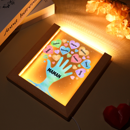 À Maman/Mamie - Lampe de chevet LED Main et Cœur 8 Prénoms Personnalisés avec 1 Texte