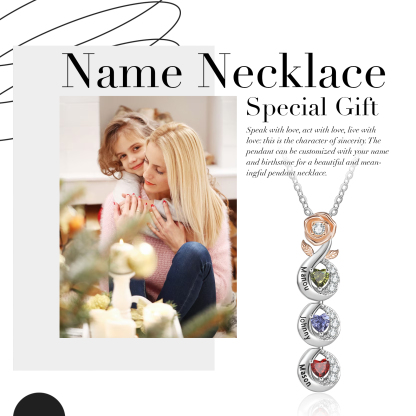Collier de rose 3 Prénoms Personnalisé avec 3 pierres de naissance