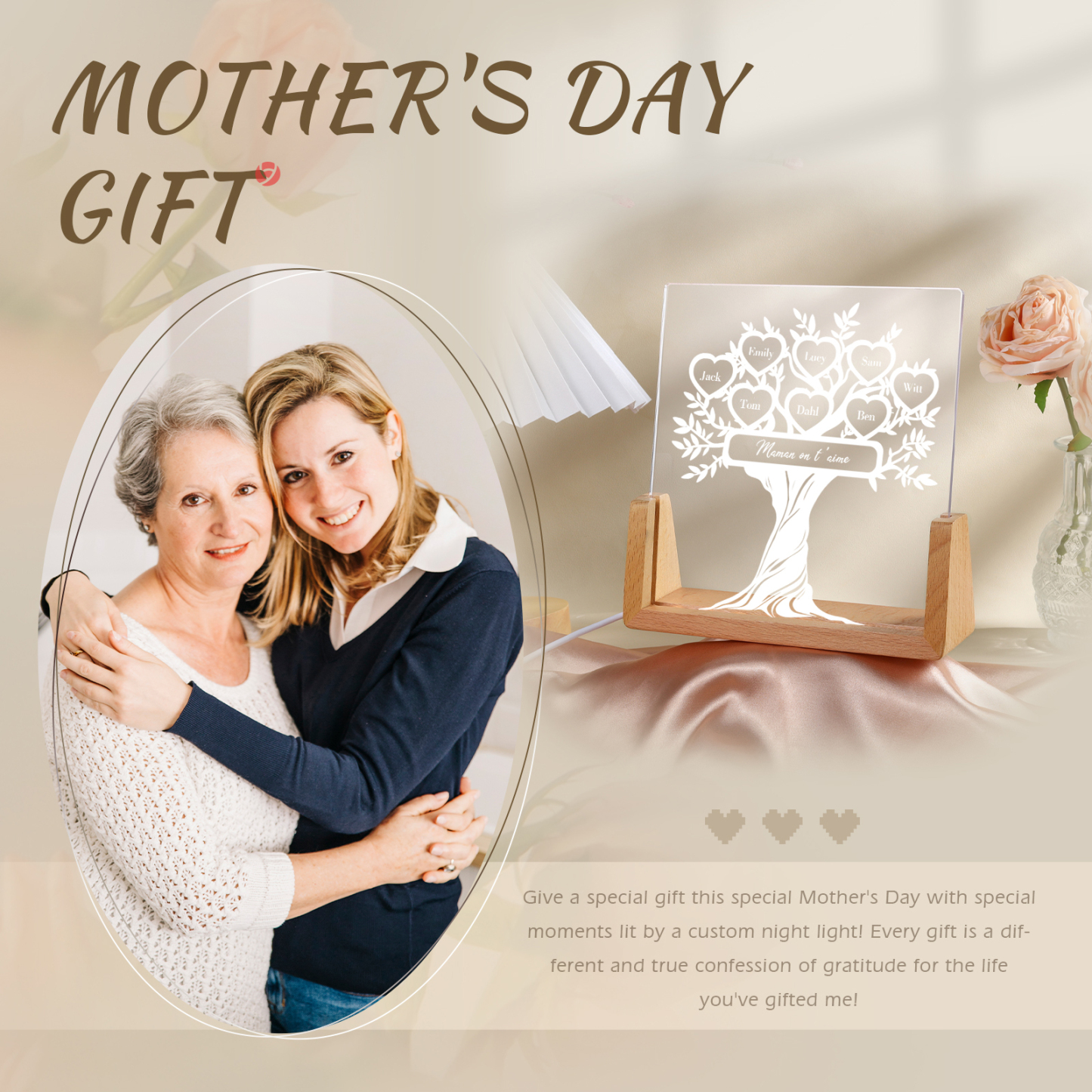 À Maman/Mamie - Lampe de chevet LED Arbre de Vie 8 Prénoms Personnalisés avec Texte pour Famille