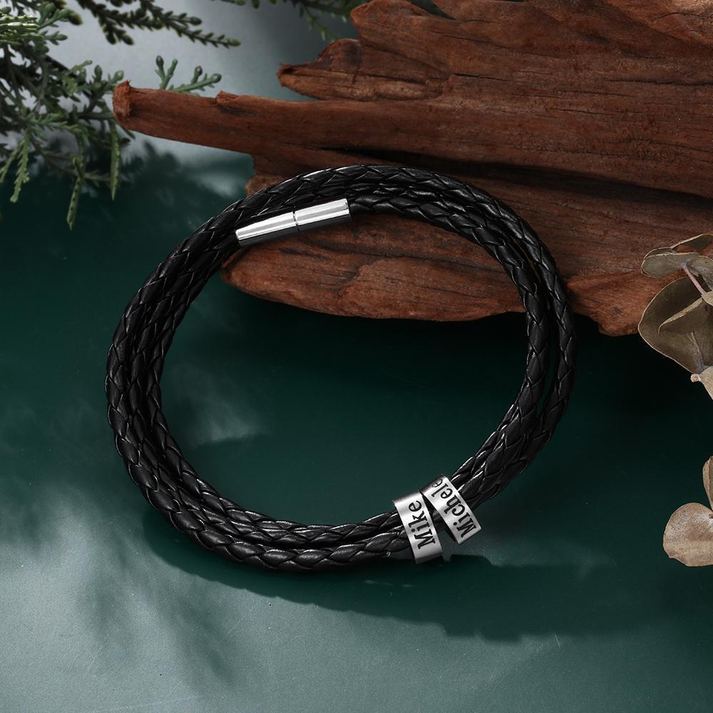 Bracelet Cuir tressé Prénom Personnalisé Bracelet Homme Avec 2 Perles