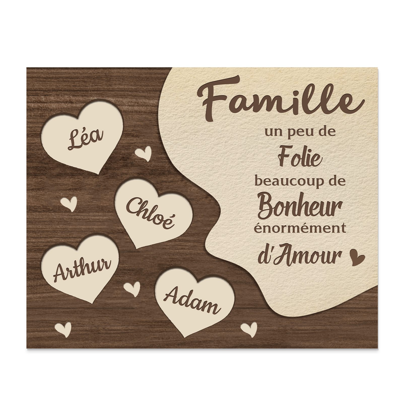 Cadre en Bois Cœur 4 Prénoms Personnalisés pour Famille