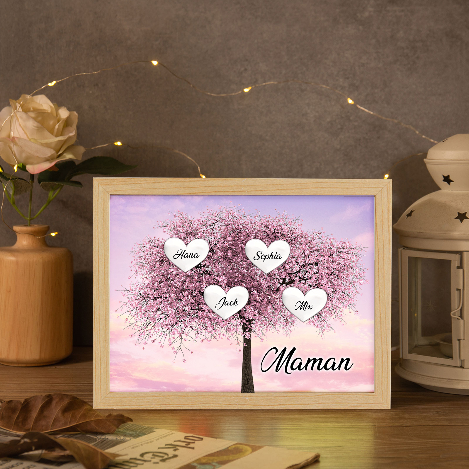 Cadre Photo LED Arbre de Vie 4 Prénoms et 1 Texte Personnalisé Décoration Famille