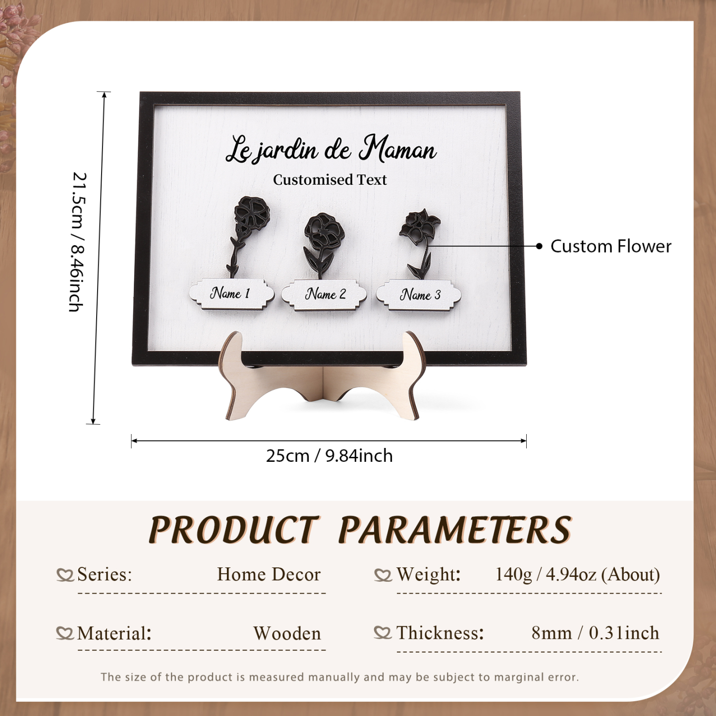 À ma Maman - Décoration en bois Fleurs 3 Prénoms Personnalisés avec Fleurs de naissance Ornement pour Famille