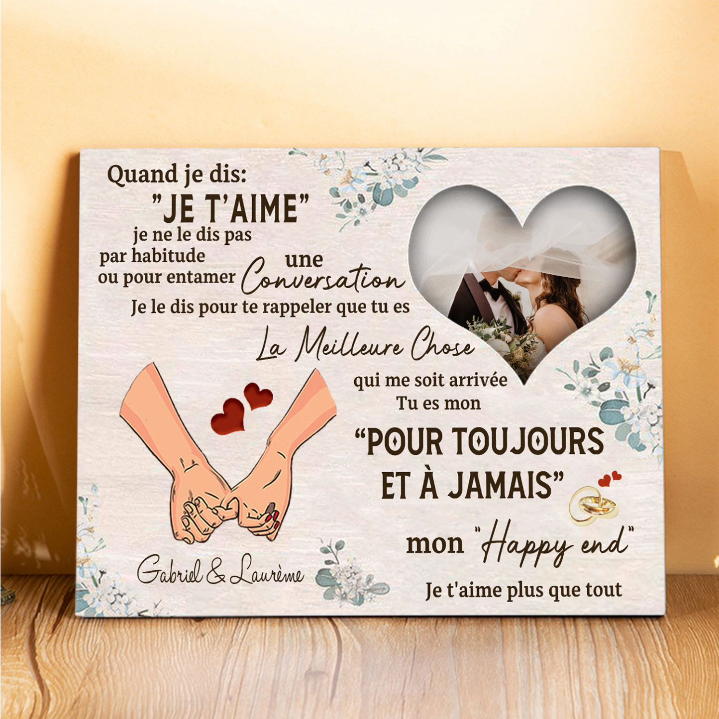 Cadre en Bois 2 Prénoms Personnalisés avec Photo pour Couple Cadeau Saint Valentin