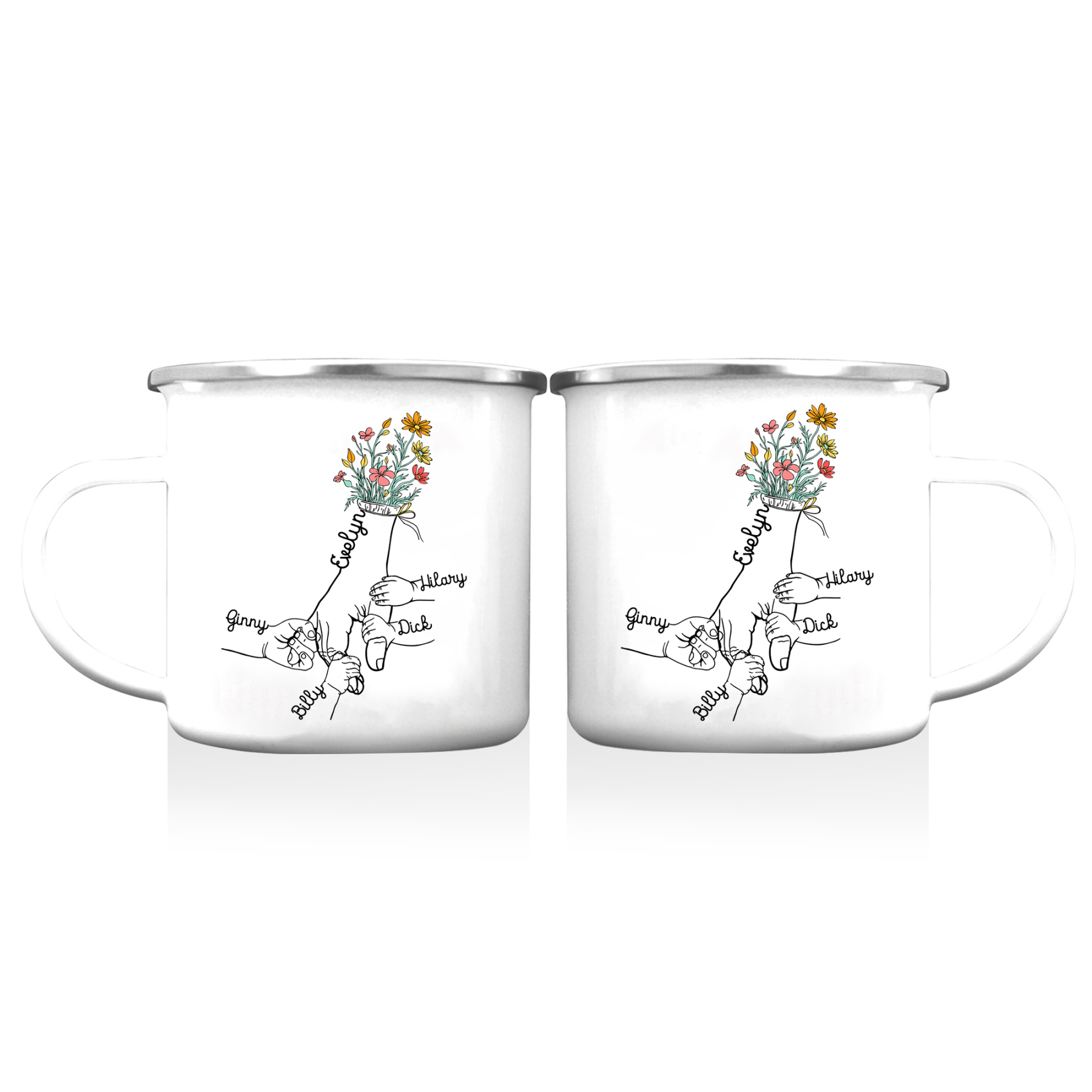 À Maman/Mamie - Tasse émaillée la Main dans la Main 5 Prénoms Personnalisés