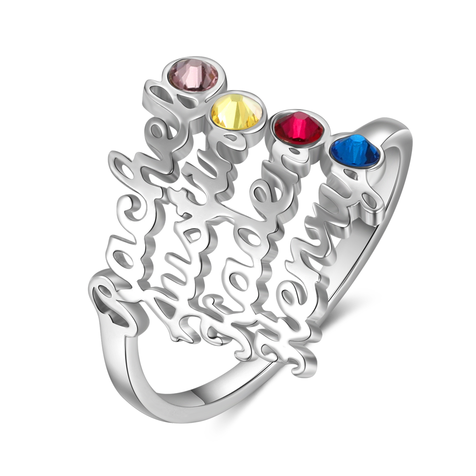 Bague 4 Prénom Personnalisé avec 4 Pierre de Naissance