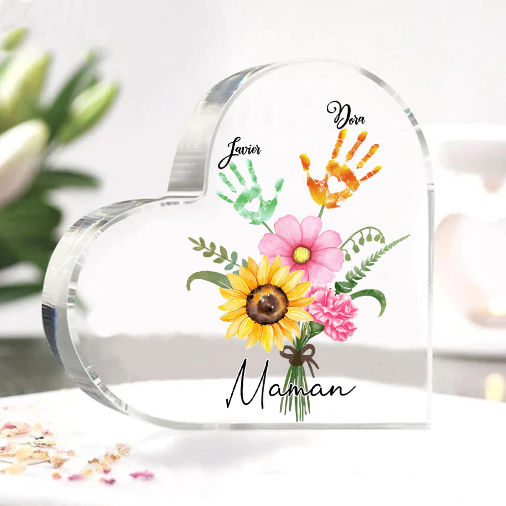 À ma Maman - Plaque Acrylique en Forme de Cœur fleurs 2 Prénoms Personnalisés