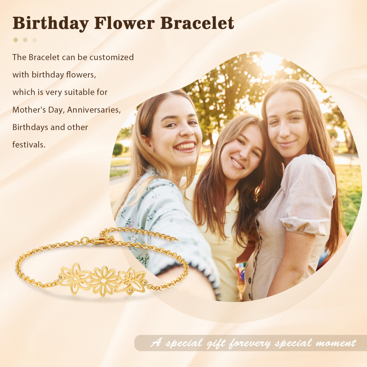 Bracelet 3 Fleurs de Naissance Personnalisées pour Femme