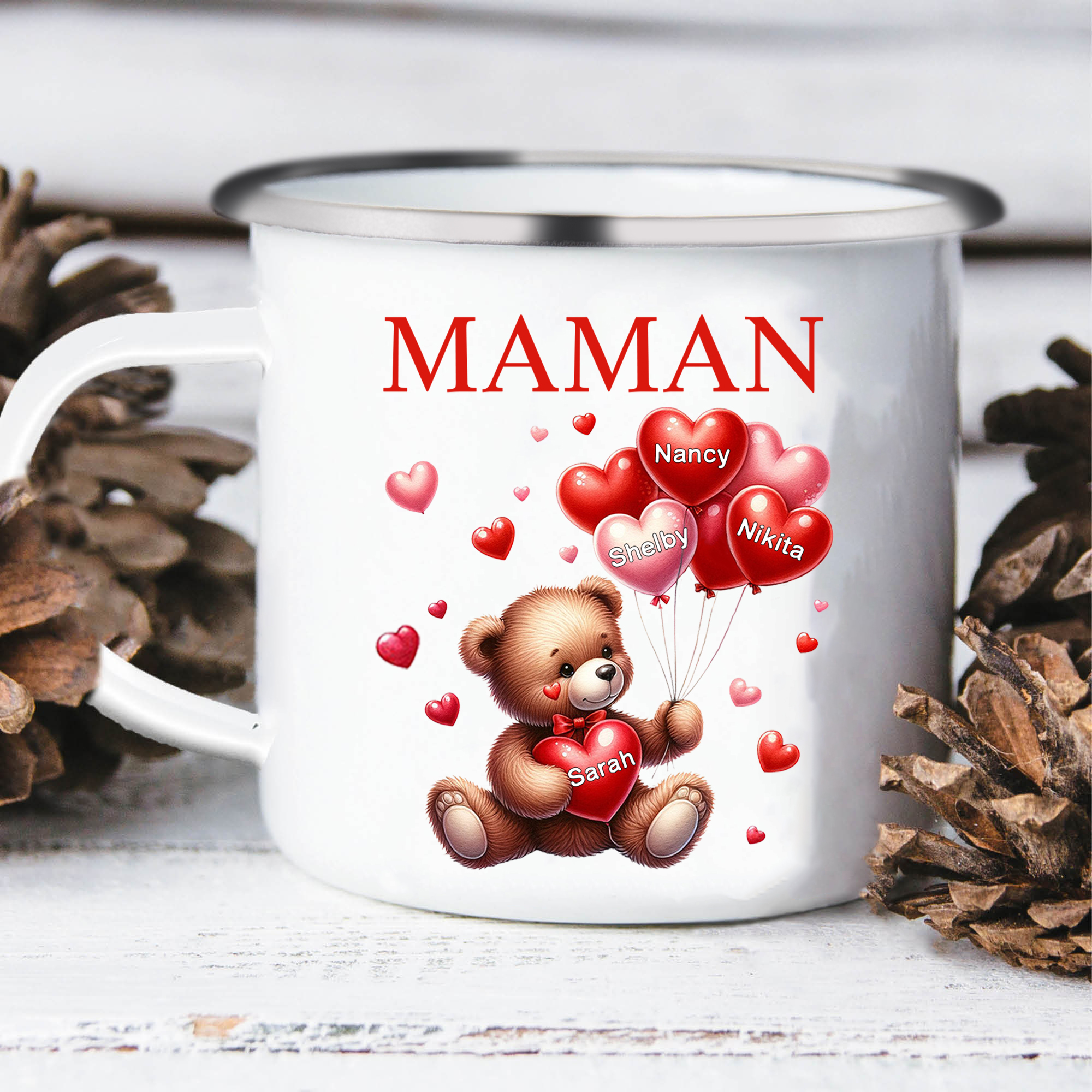 À Maman/Mamie - Tasse émaillée Ours 4 Prénoms Personnalisés
