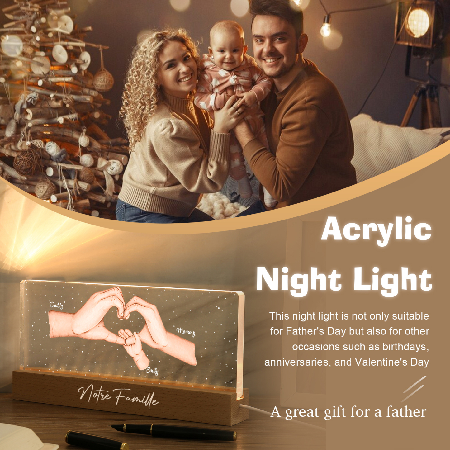 À ma Famille- Lampe de chevet LED la Main dans la Main 3 Prénoms Personnalisés avec Texte