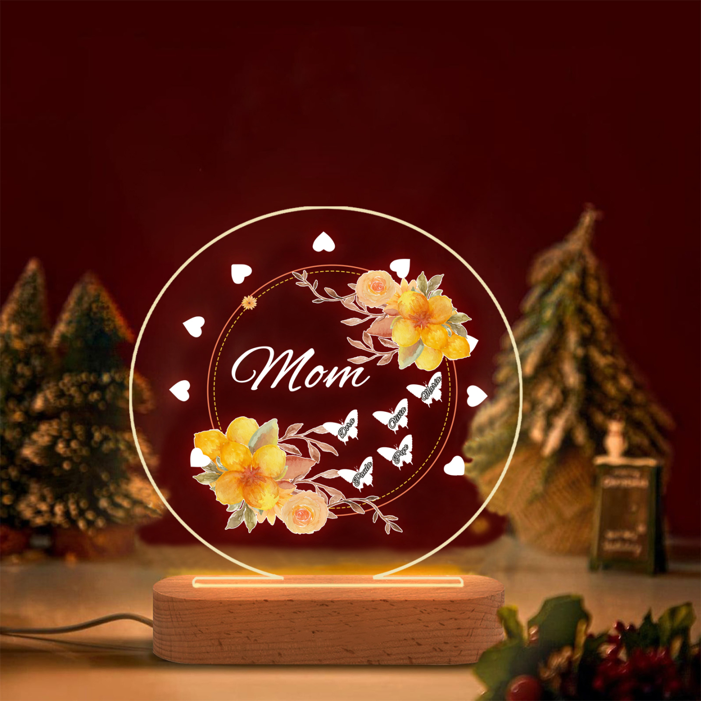 À Maman/Mamie - Lampe de chevet LED Fleurs et Papillons 5 Prénoms Personnalisés avec 1 Texte