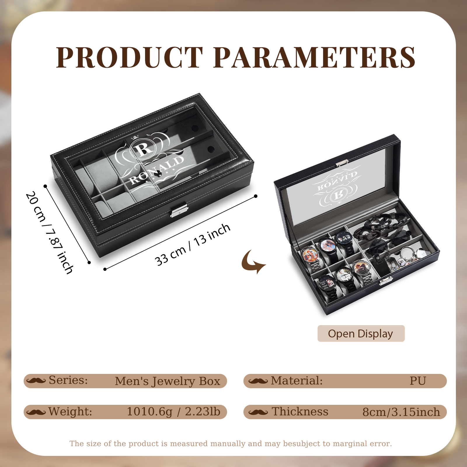 Boîte à Montre et Bijoux 1 Lettre et Texte Personnalisés Coffret Cadeau pour Hommes