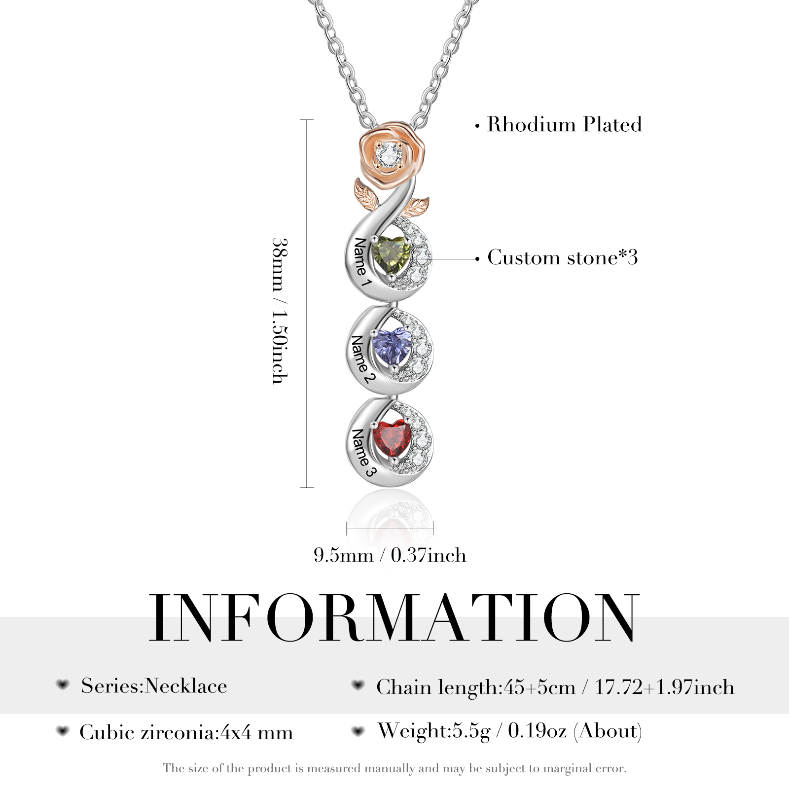 Collier de rose 3 Prénoms Personnalisé avec 3 pierres de naissance