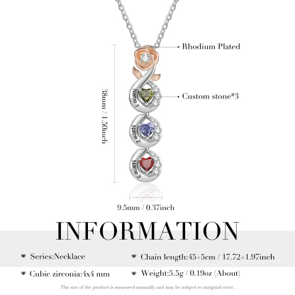 Collier de rose 3 Prénoms Personnalisé avec 3 pierres de naissance