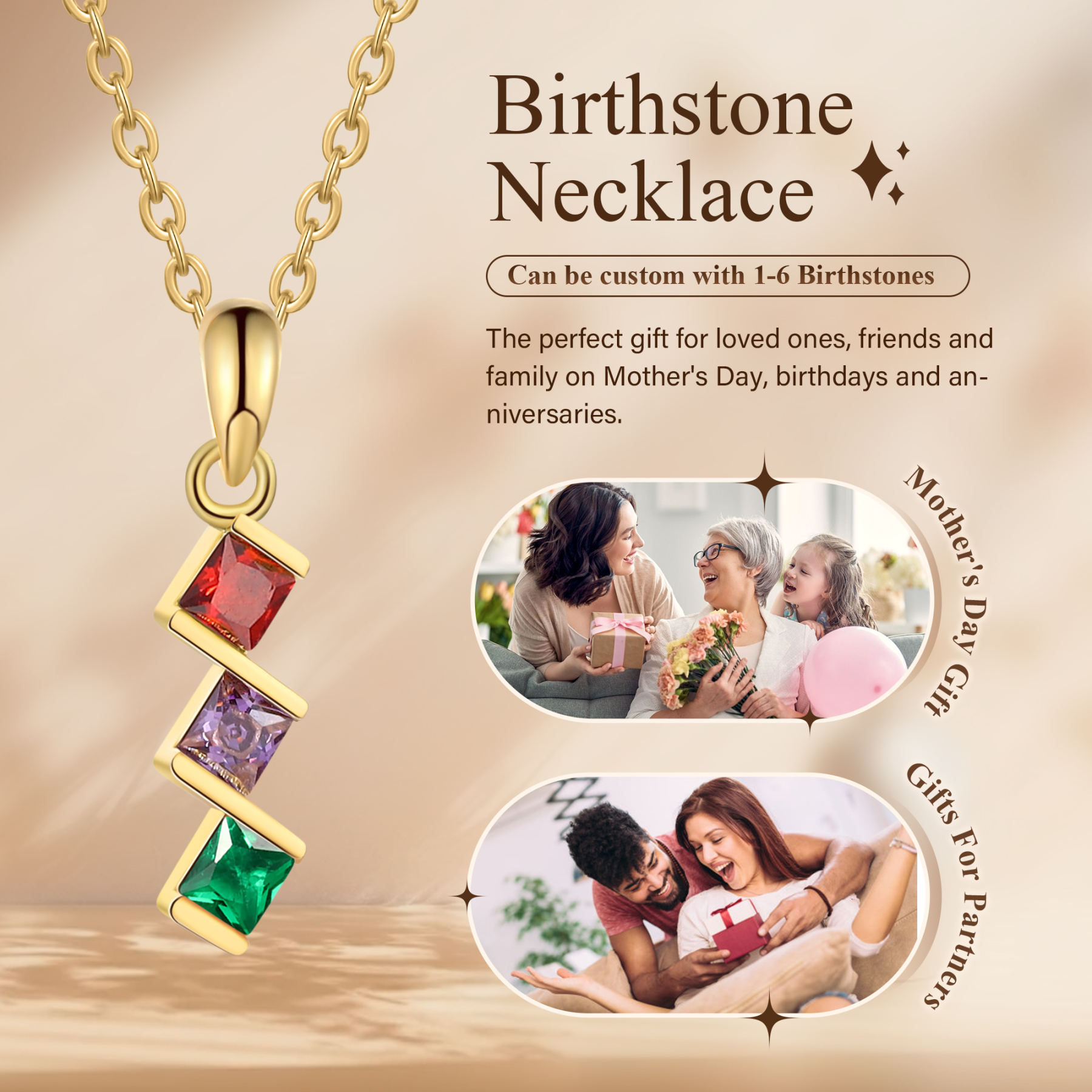 Collier Femmes 3 Pierres de Naissance Personnalisés