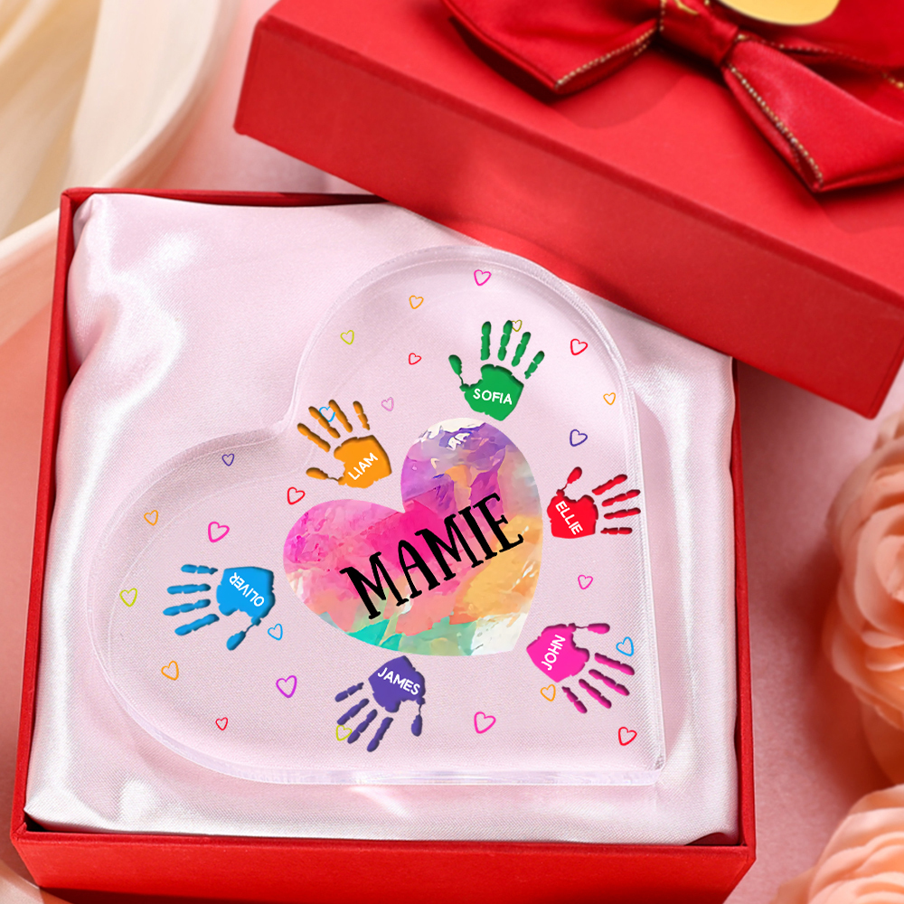 À ma Maman/Mamie - Plaque Acrylique Mains et Enfants en Forme de Cœur 7 Prénoms Personnalisés